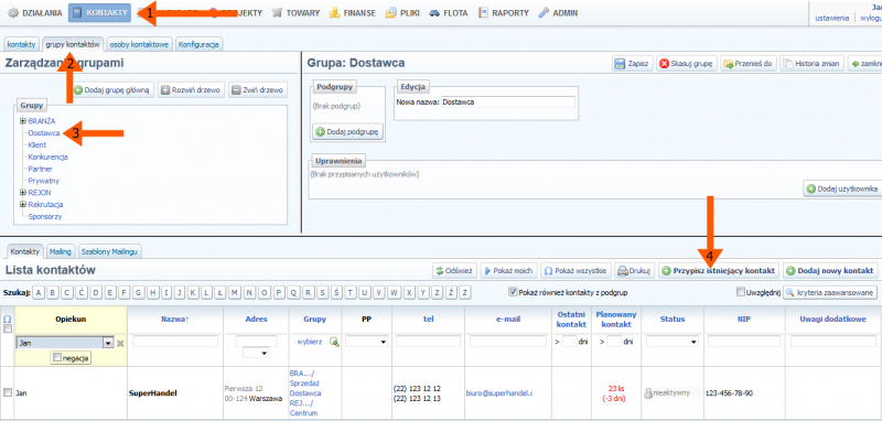 Dodawanie kontaktów do edytowanej grupy